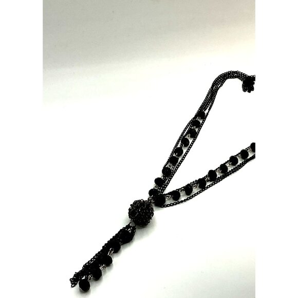 Black Multi-Strand Beaded Tassel Necklace With Rosette Pendant - Picture 2 of 6
